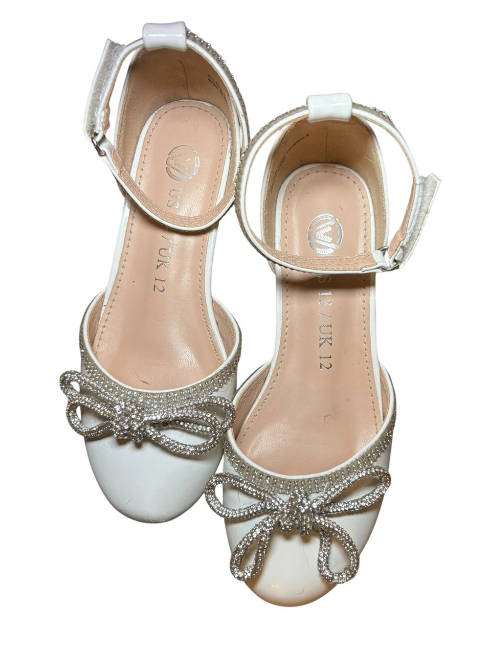 Embellished White Ankle-Strap Flats with Crystal Bow